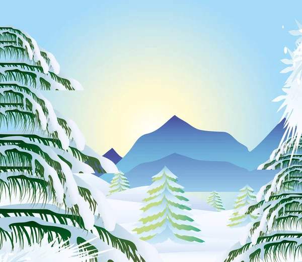 Invierno paisaje pinos con nieve montañas y sol fondo — Vector de stock