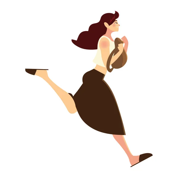 Löpning kvinna bär kjol och väska, sidovy — Stock vektor