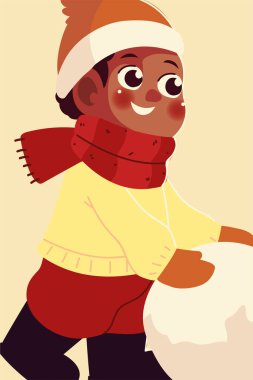 Karakter çocuğu kışın şapkası ve büyük kartopuyla