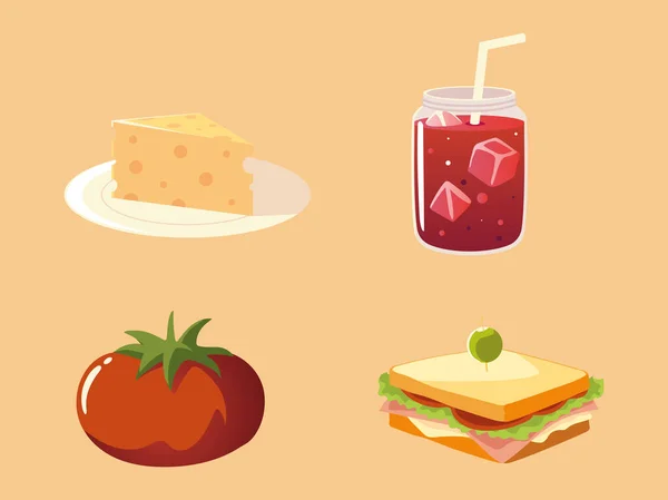 Iconos de alimentos set jugo de tomate sándwich y queso — Vector de stock
