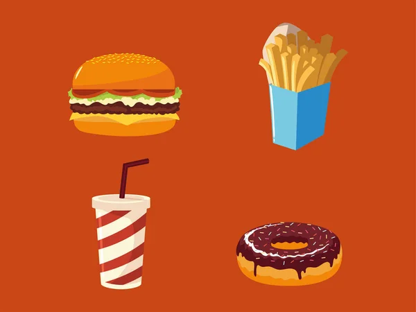 Fast food εικονίδια που burger σόδα τηγανητές πατάτες και ντόνατ — Διανυσματικό Αρχείο