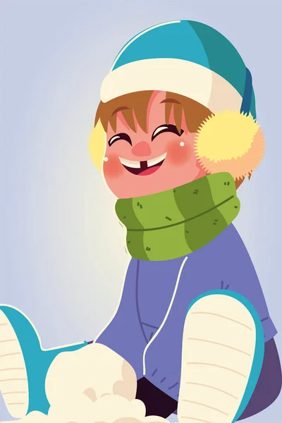 Χαρούμενο αγόρι που κάθεται με χειμωνιάτικα ρούχα και χιονόμπαλες — Διανυσματικό Αρχείο