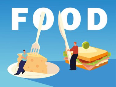 Çatal bıçaklı sandviçli ve peynirli insanlar.