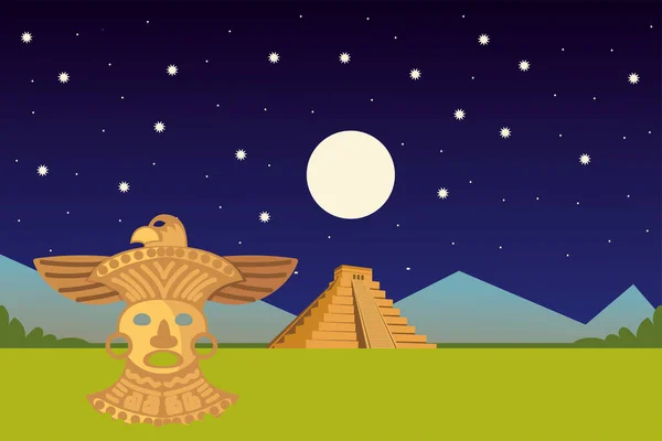 Aztec süsü altın maske ve piramit gece manzarası — Stok Vektör