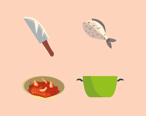 Restaurante cocina utensilio cuchillo sopa pescado y cuenco iconos — Vector de stock