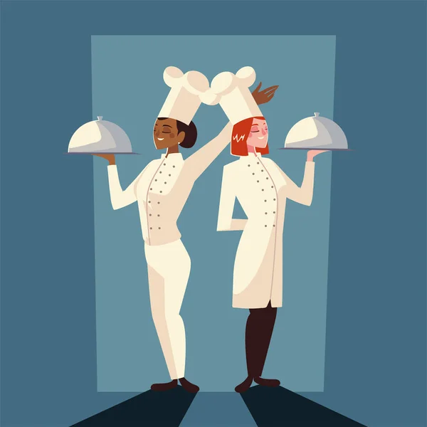 Chefs femeninos sostiene plato restaurante profesional con diseño de sombras — Vector de stock