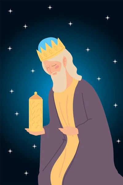 Різдвяний каспар мудрий король з подарунком, фон зірок — стоковий вектор