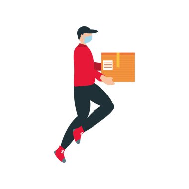 Tıbbi maskeli ve karton kutulu teslimatçı.