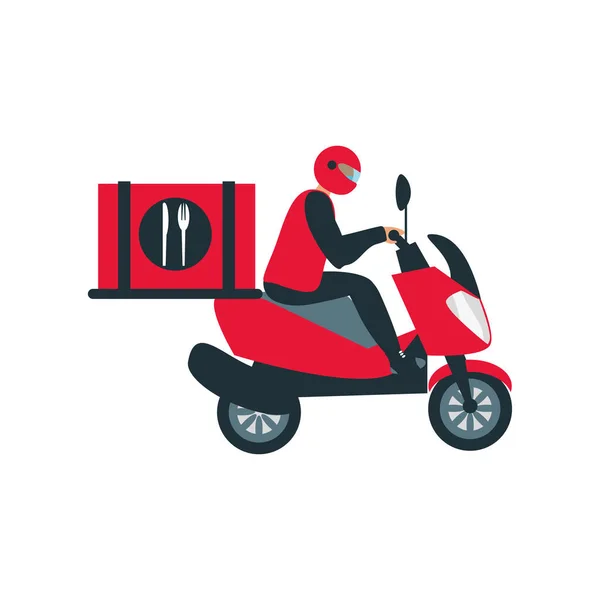 Entrega de alimentos menino com máscara montando scooter vermelho —  Vetores de Stock