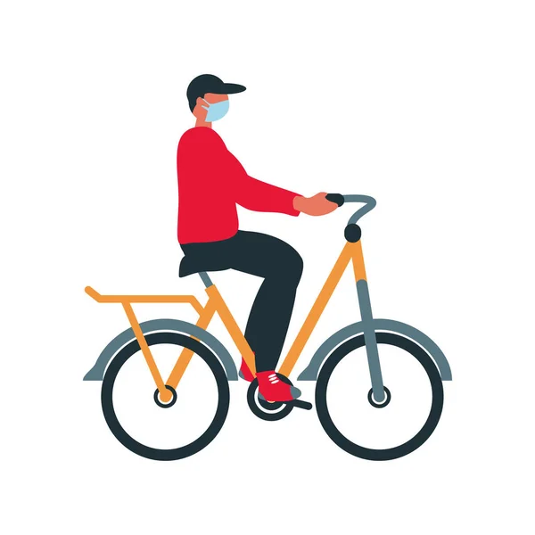 Hombre de entrega con la máscara de montar bicicleta de trabajo — Vector de stock