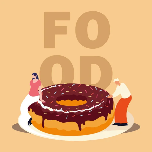 Hombre y mujer con chocolate donut comida dulce — Vector de stock