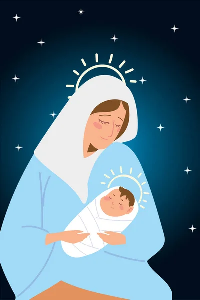 Kerststal heilige Mary dragen een baby Jezus sterren achtergrond — Stockvector