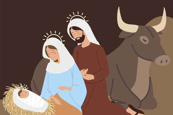 Pesebre bebé Jesús y pesebre de buey — Vector de stock