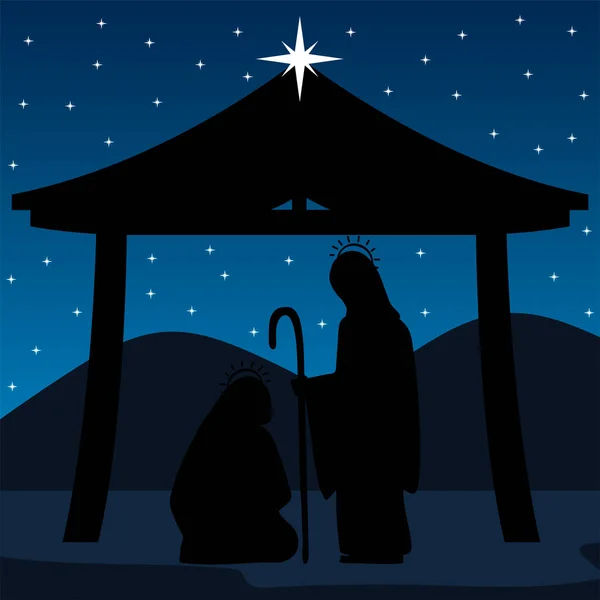 Nativité jo/et Mary dans la mangeoire de la scène de silhouette stable — Image vectorielle