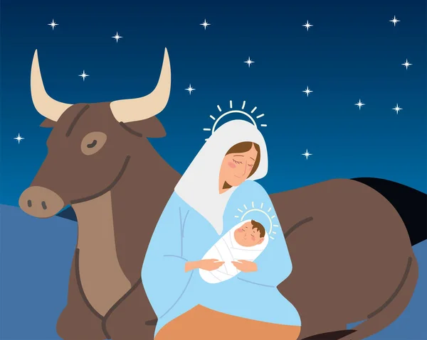 Geboorte Mary met baby Jezus en os dieren kribbe — Stockvector