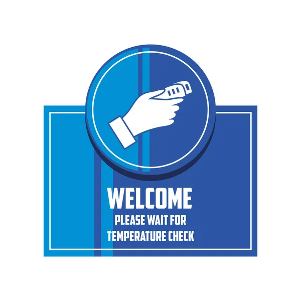 Prevención de covid 19, medidor de temperatura en la mano, advertencia de atención — Vector de stock