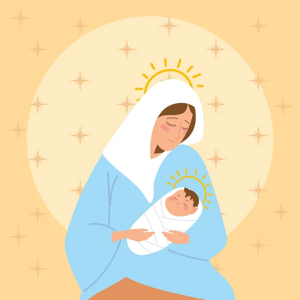 Kerststal schattig Mary en baby Jezus samen kribbe — Stockvector