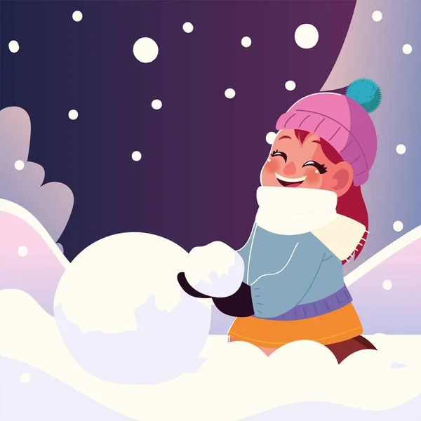 Улыбающаяся маленькая девочка со снежком зимой — стоковый вектор