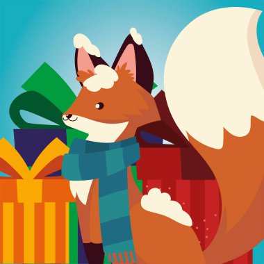 Mutlu noeller eşarplı kar ve hediye kutularıyla şirin tilki