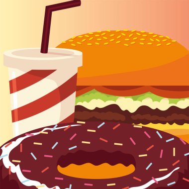 Hamburger, çikolatalı çörek ve samanlı soda.