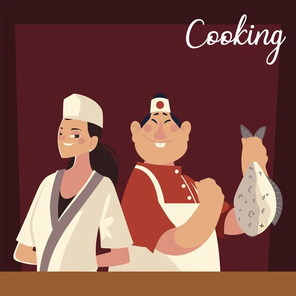 Азиатский мужчина и женщина шеф-повара профессиональный ресторан — стоковый вектор