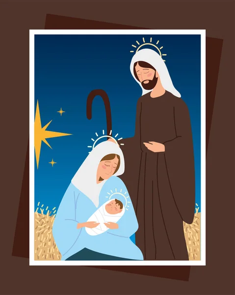 Natividad con Mary Joseph tarjeta de pesebre escena de la noche — Vector de stock