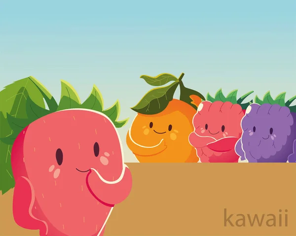 Frutas kawaii enfrentar felicidade engraçado morango laranja e amora —  Vetores de Stock