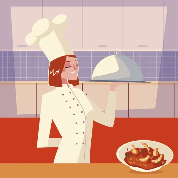 Mutfak işçisi restoranında çorba ve yemek getiren kadın şef. — Stok Vektör