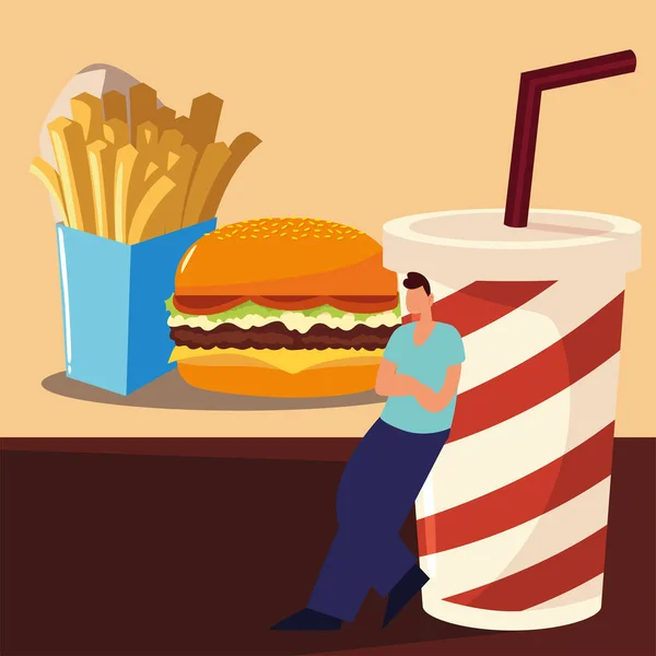 Homem com hambúrguer batatas fritas e refrigerante takeaway, comida — Vetor de Stock