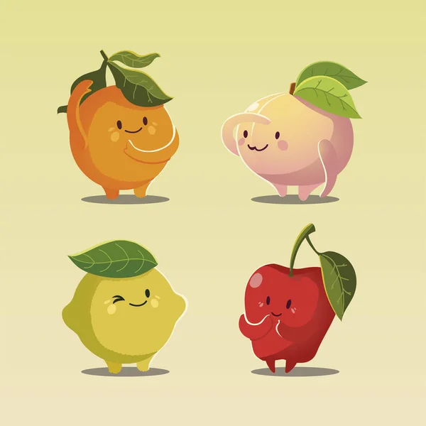 ผลไม้ kawaii หน้าตลกมีความสุขแอปเปิ้ลพีชส้มและมะนาว — ภาพเวกเตอร์สต็อก