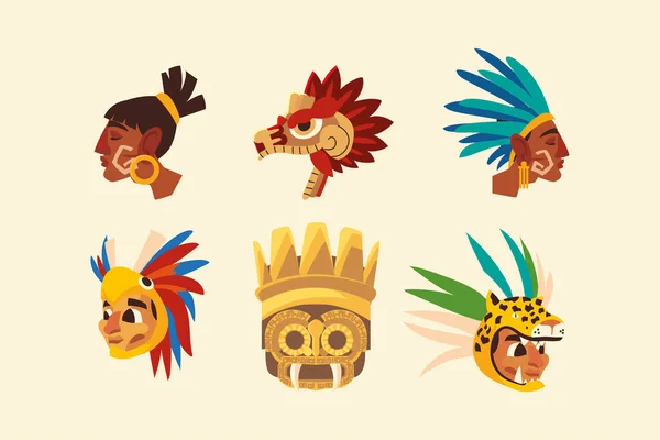 Guerreiros aztecas em penas headgear ícones conjunto de cobra —  Vetores de Stock