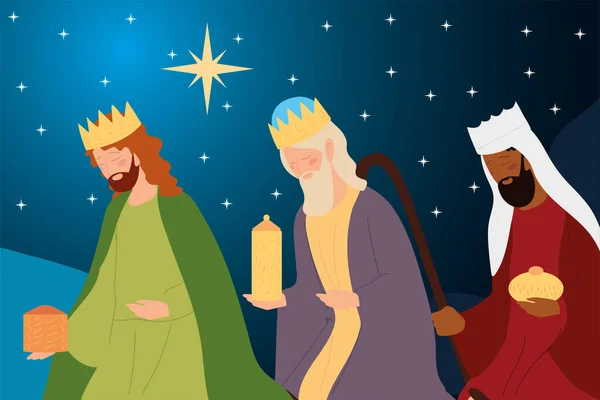 Natividad tres reyes sabios con regalos en el pesebre de noche — Vector de stock