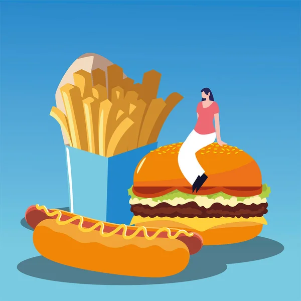 Kobieta z hamburgerem hot dog i frytki smaczne fast food — Wektor stockowy