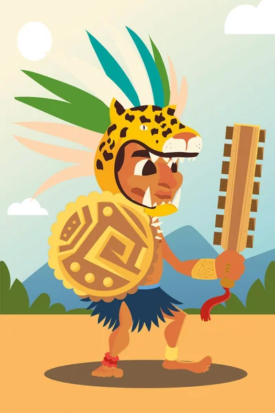 Aztécký válečník v tradičních zbraních kmenové a pokrývky hlavy — Stockový vektor