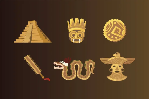 Ícones de ornamento de moeda de máscara de arma de pirâmide azteca —  Vetores de Stock