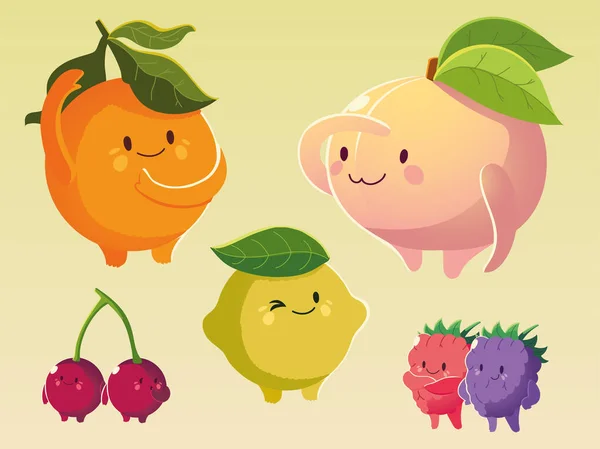 水果卡瓦笑脸快乐卡通片橙桃柠檬黑莓和樱桃 — 图库矢量图片