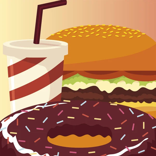 Food burger chocolade donut en soda met stro — Stockvector