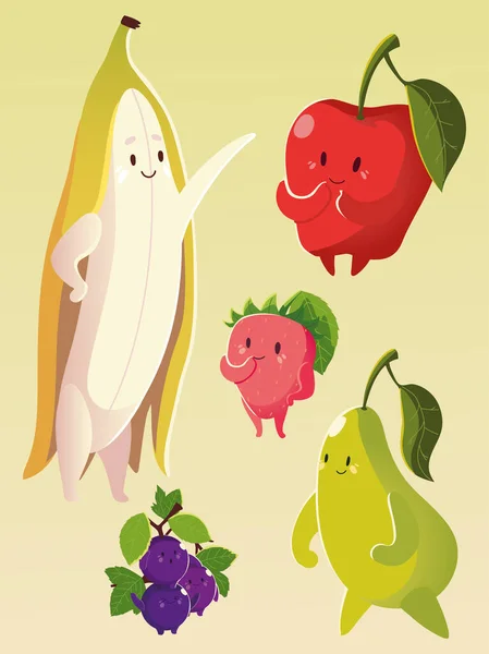 ผลไม้ kawaii หน้าตลกมีความสุขกล้วยแอปเปิ้ลลูกแพร์องุ่นสตรอเบอร์รี่ — ภาพเวกเตอร์สต็อก
