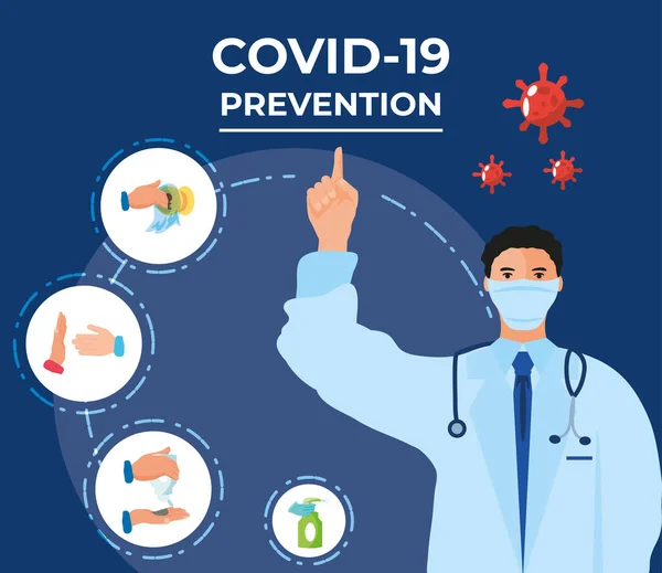 Coronavirus covid 19, doctor standing point finger to preventions methods infographic — Stock Vector