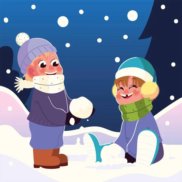 Gelukkige kinderen met oorkappen en sjaal spelen met sneeuwbal — Stockvector