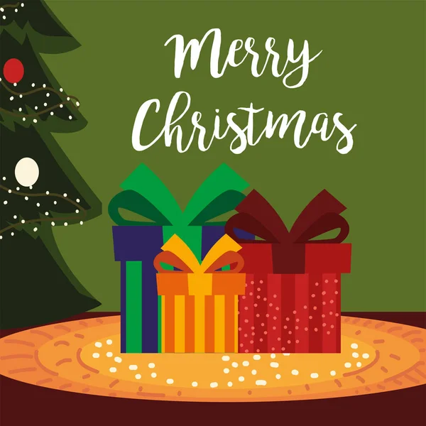 Buon Natale scatole regalo con albero e carta decorazione neve — Vettoriale Stock