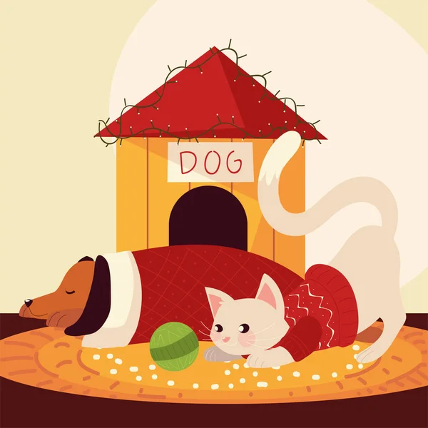 Joyeux noël chien mignon et chat avec pull et maison — Image vectorielle