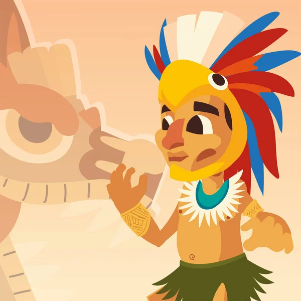 Aztécký bojovník s peřím pokrývky hlavy a hadí pozadí — Stockový vektor