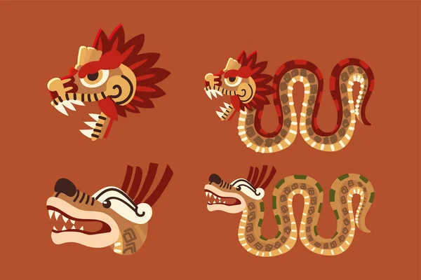 Aztec serpente cultura animale messicano icone set — Vettoriale Stock