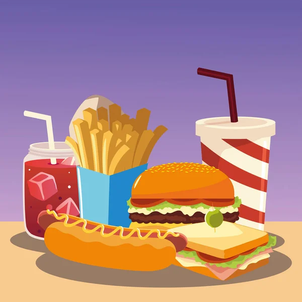 Fastfood hamburger hot dog sandwich frietjes en frisdrank — Stockvector