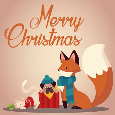 Mutlu Noeller şirin tilki köpek ve kedi süveter ve eşarp kartıyla