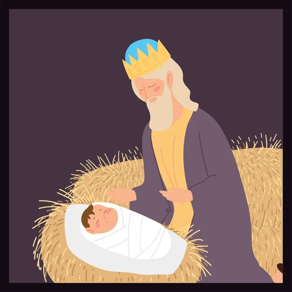 Natividad bebé jesus caspar sabio rey con regalo pesebre — Vector de stock