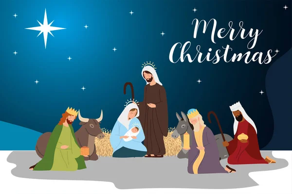 Wesołych Świąt Mary Jošpeh dziecko Jezus mądry królów i zwierząt żłóbek sceny — Wektor stockowy