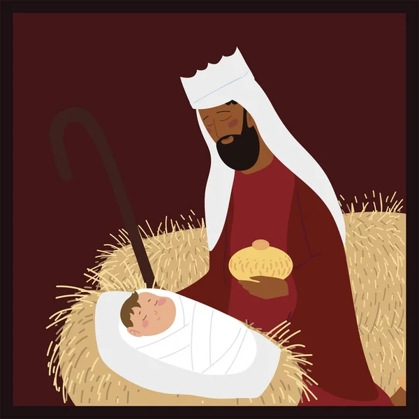 Natividad bebé jesus con melchior sabio rey pesebre — Vector de stock