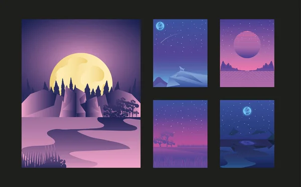 Paisajes noche luna cielo estrellado naturaleza set tarjetas — Archivo Imágenes Vectoriales